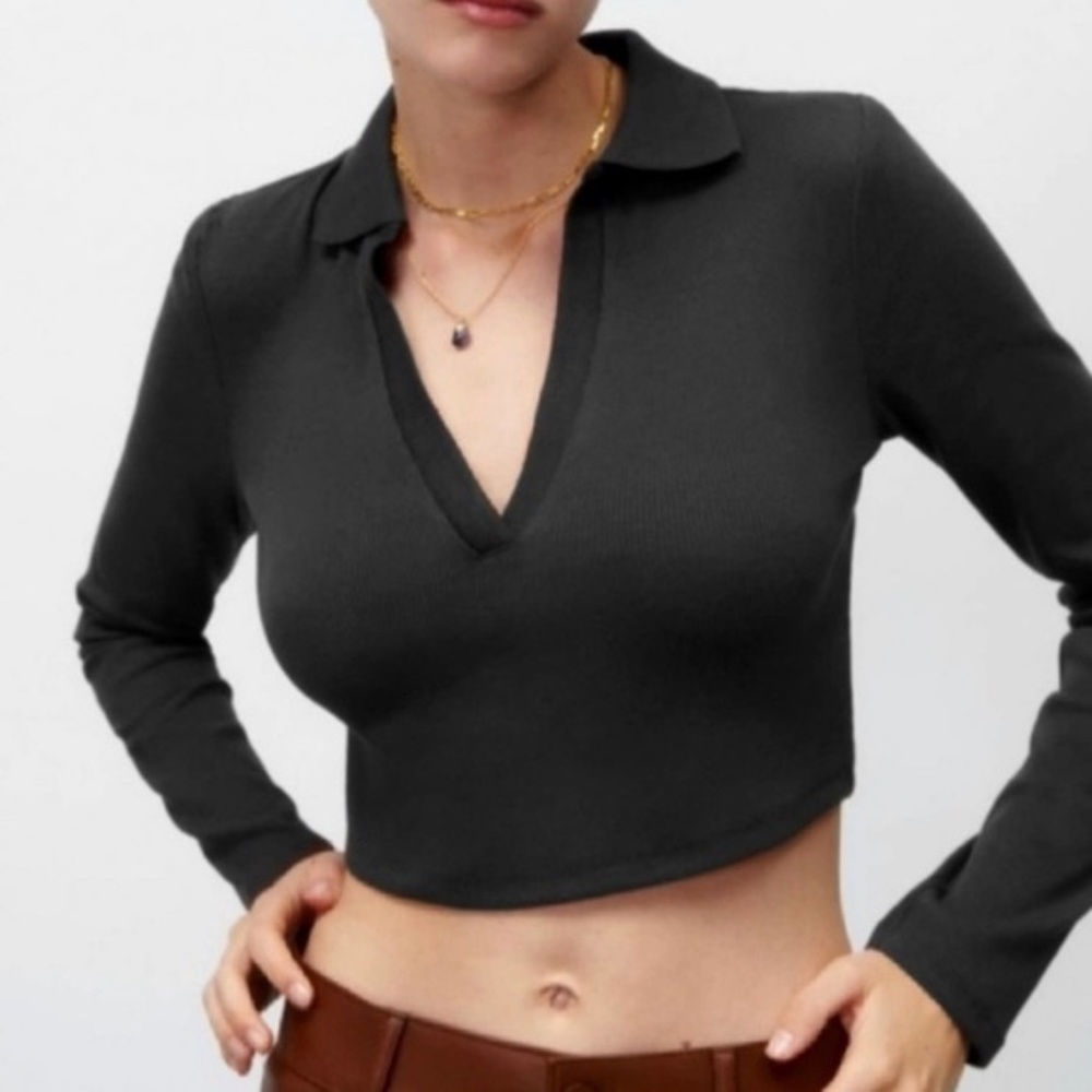 NWT Zara Tops | Collared Ribbed Crop Top Long Sleeve | Size M Medium